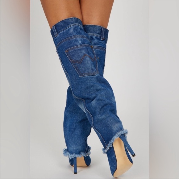 NEW Distressed Denim Pointed Knee High Heeled Zipper Boots Size 38, US 7 - Picture 4 of 15